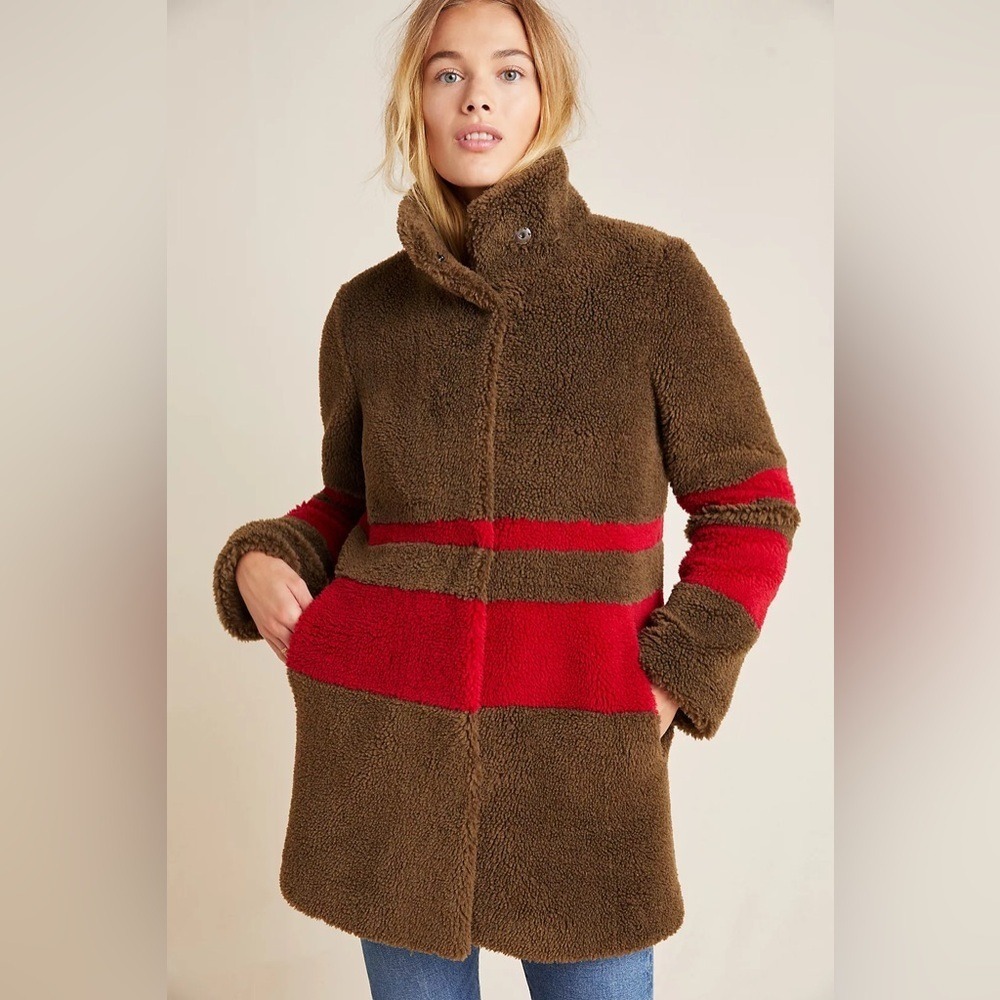 Anthropologie Velvet by Graham & Spencer Evian Striped Teddy Coat Sherpa in L